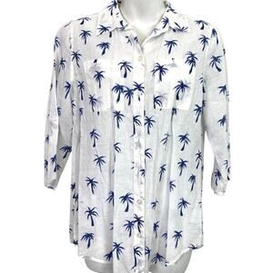 Chicos White Calm Palm Majestic Blue Half Sleeve Linen Top Shirt Blouse  0/ S